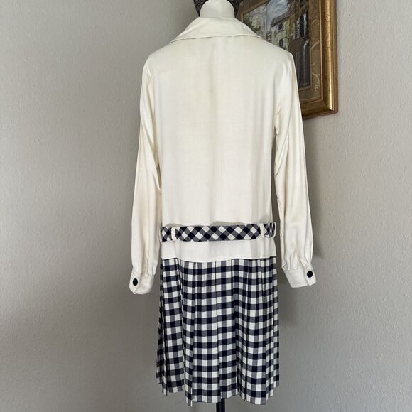 Vintage Dress Two Tones Button Up Plaid Solid Cream Blue Size S - Picture 12 of 16